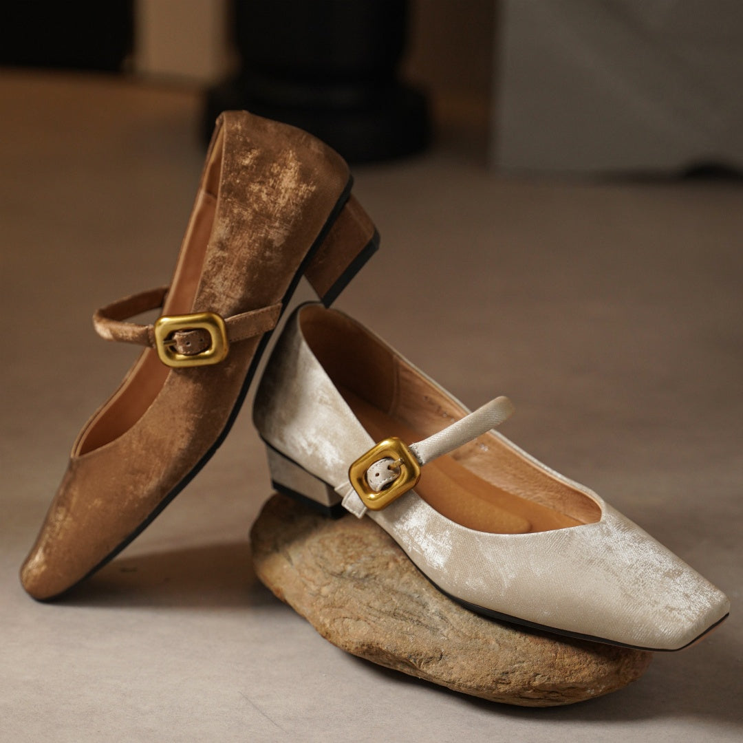 Sylvaine Delcroix | Velvet Mary Jane Heels with Gold Buckle