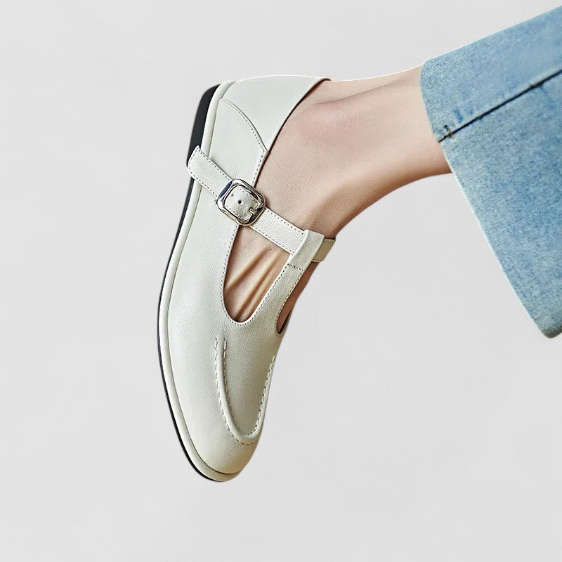 Marguerite Colville | Black Orthopedic T-Strap Low Heel Flat