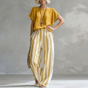 Zoey Walker | Linen Cotton Wide-Leg Striped Two-Piece Set