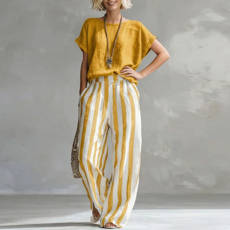 Zoey Walker | Linen Cotton Wide-Leg Striped Two-Piece Set