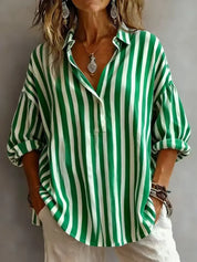 Savannah Clark | Pink Striped V-Neck Blouse with Rolled Long Sleeves