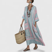 Fleurdelise Montague | V-Neck Striped Linen Maxi Dress with Pockets