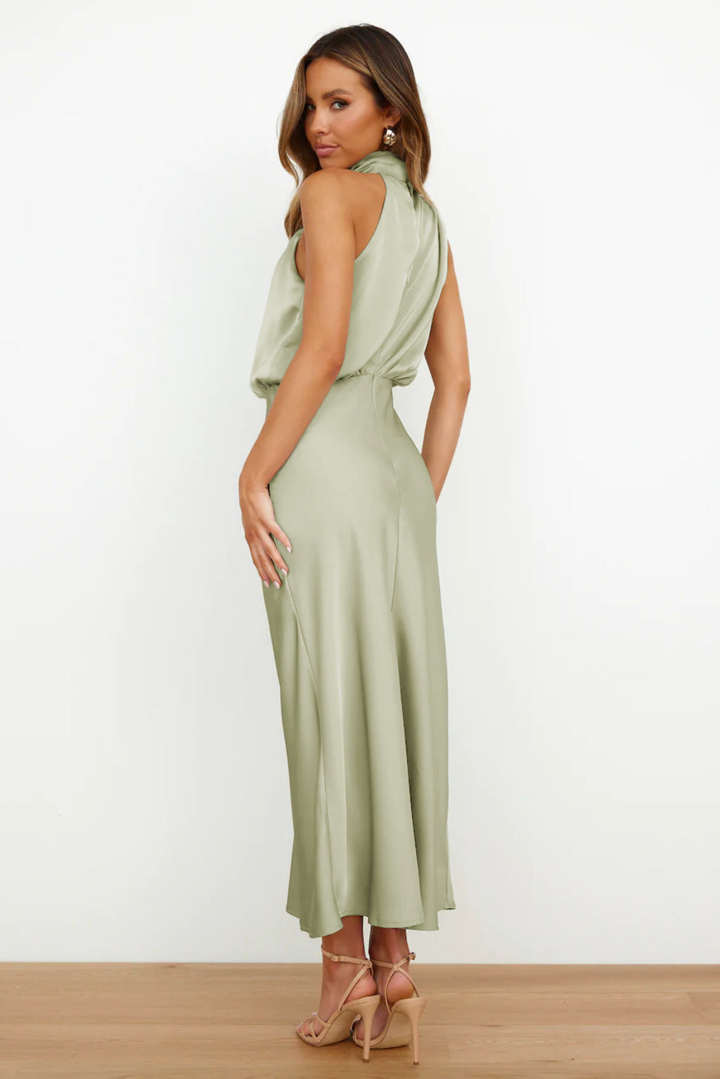 Seraffina Wolvecourt | Sage Green Satin Halter Midi Dress