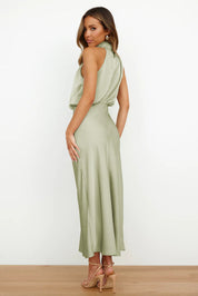 Seraffina Wolvecourt | Sage Green Satin Halter Midi Dress