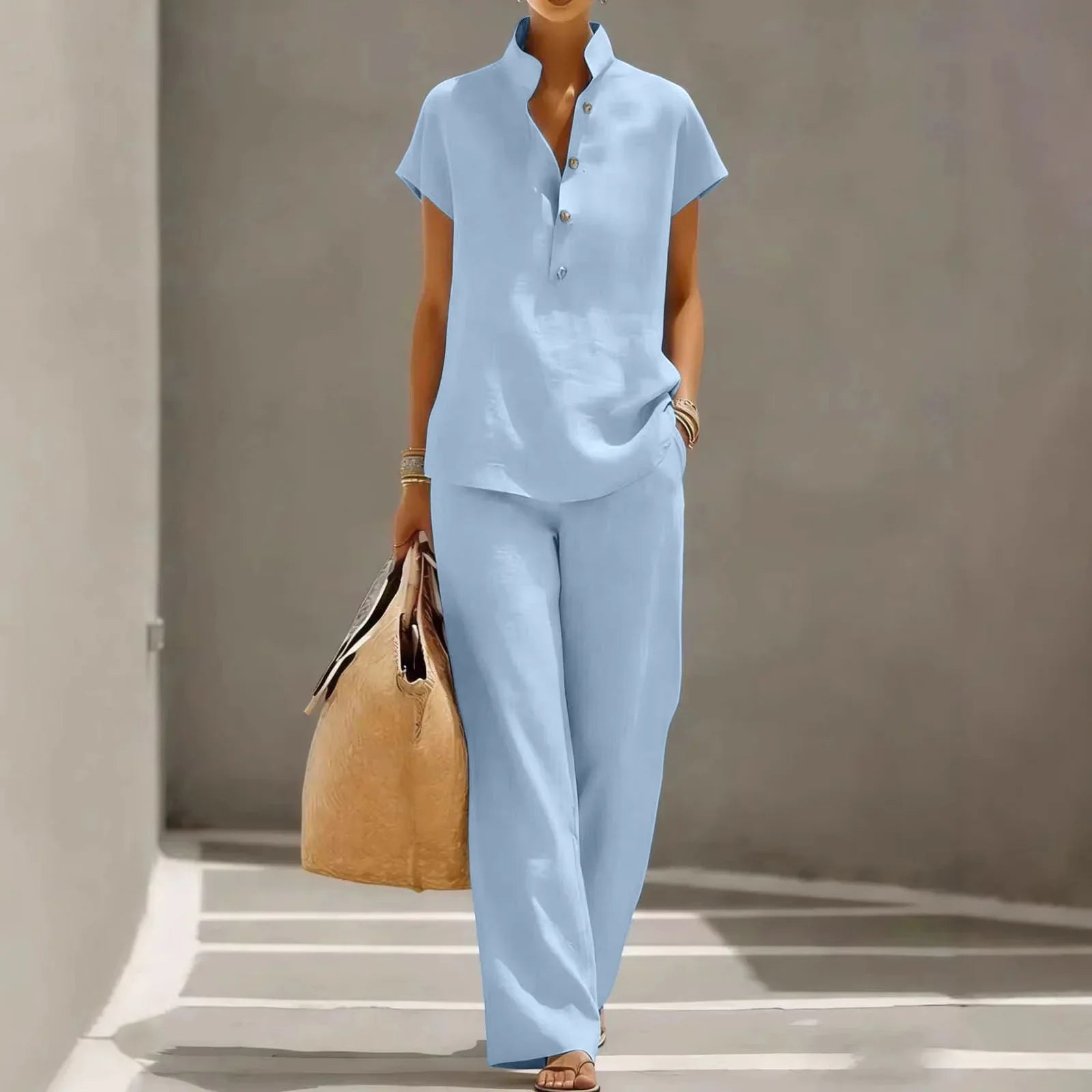 Marguerite Bellamy | Light Blue Linen Two-Piece Matching Set For Women