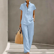 Marguerite Bellamy | Light Blue Linen Two-Piece Matching Set For Women