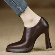 Auriane Blackmoor | Women's Platform Block Heel Pump with Side Zipper in Brown