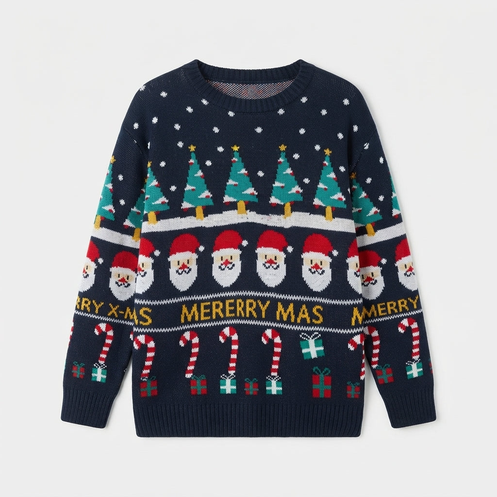Snowy Cheer | Navy Santa Print Christmas Sweater For Women