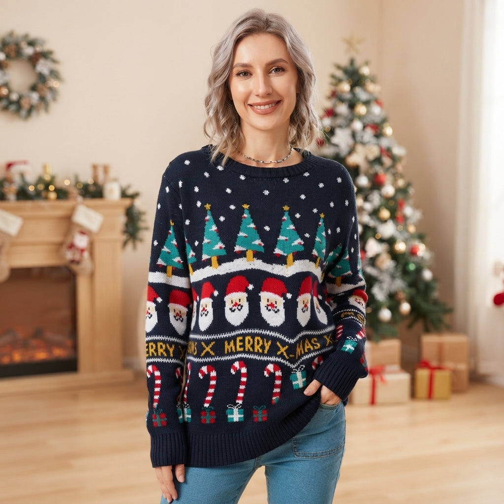 Snowy Cheer | Navy Santa Print Christmas Sweater For Women