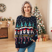 Snowy Cheer | Navy Santa Print Christmas Sweater For Women