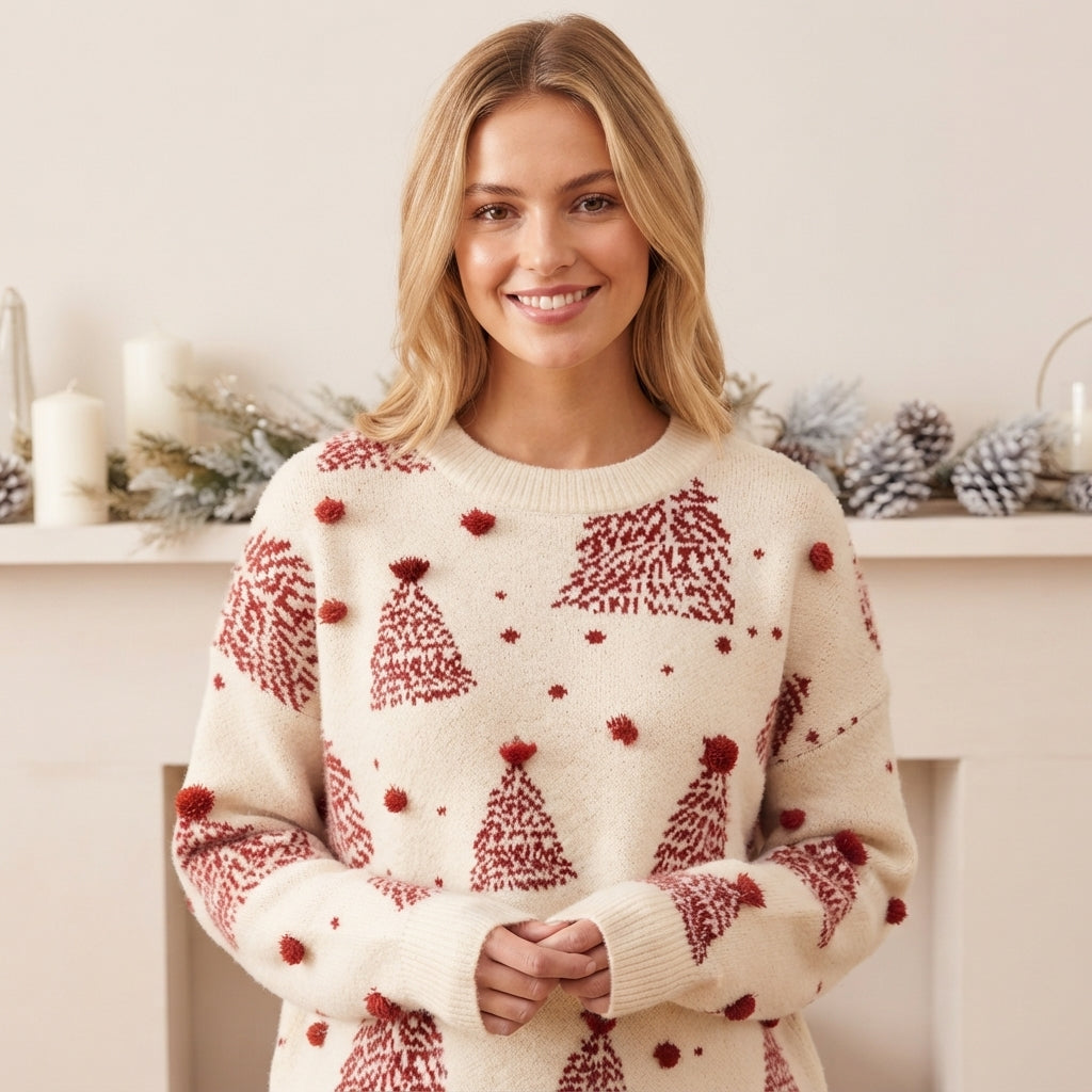 Snowy Eve | Red Tree Jacquard Christmas Sweater For Women