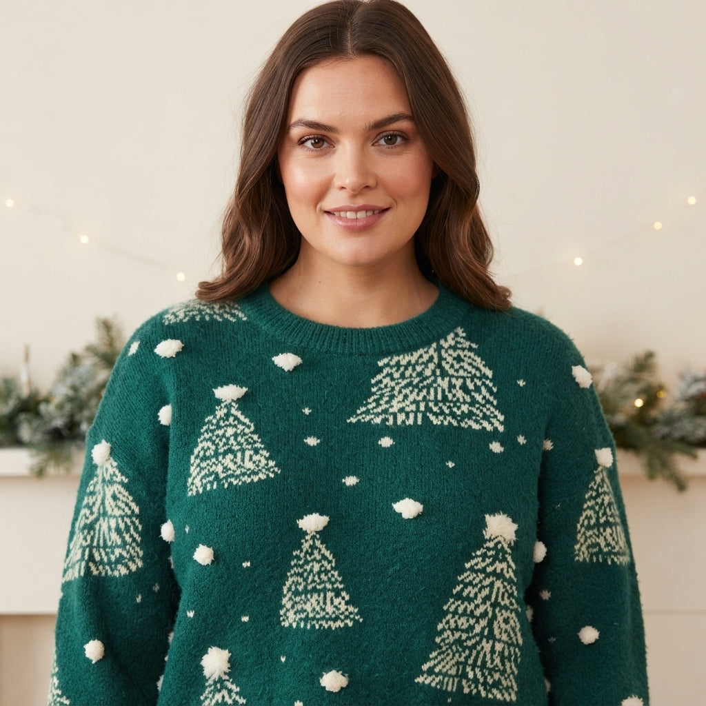 Snowy Eve | Red Tree Jacquard Christmas Sweater For Women