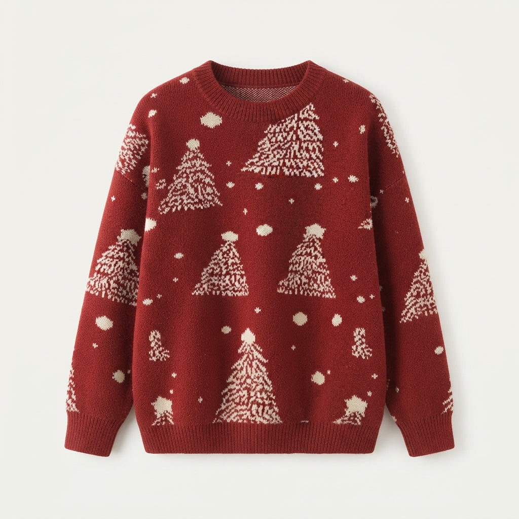 Snowy Eve | Red Tree Jacquard Christmas Sweater For Women
