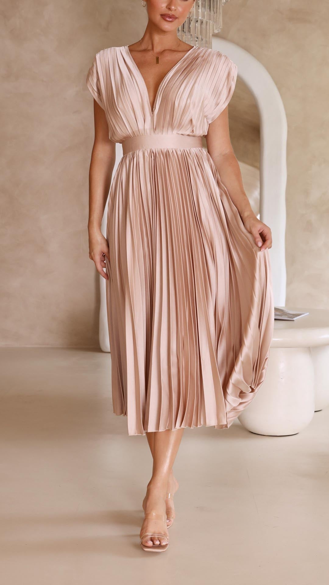 Serinda Vauclaire | Rose Pleated V-Neck Midi Dress