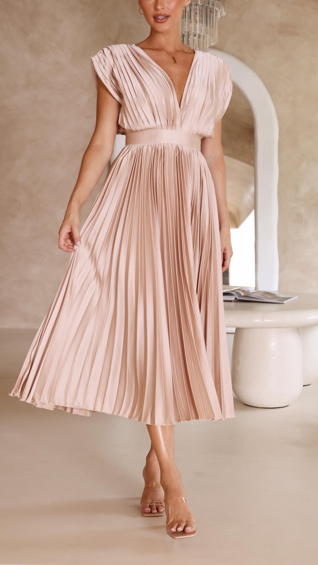 Serinda Vauclaire | Rose Pleated V-Neck Midi Dress