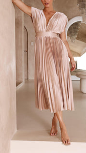Serinda Vauclaire | Rose Pleated V-Neck Midi Dress