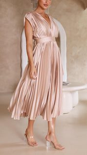 Serinda Vauclaire | Rose Pleated V-Neck Midi Dress