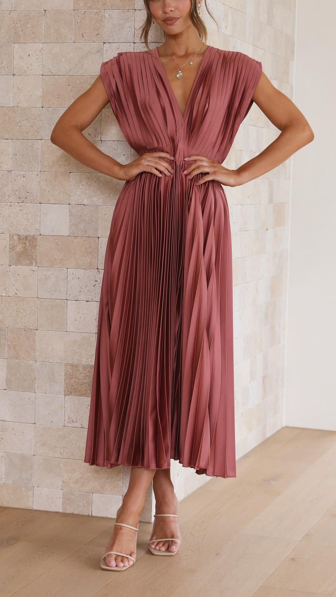 Serinda Vauclaire | Rose Pleated V-Neck Midi Dress