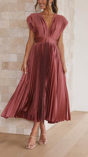 Serinda Vauclaire | Rose Pleated V-Neck Midi Dress
