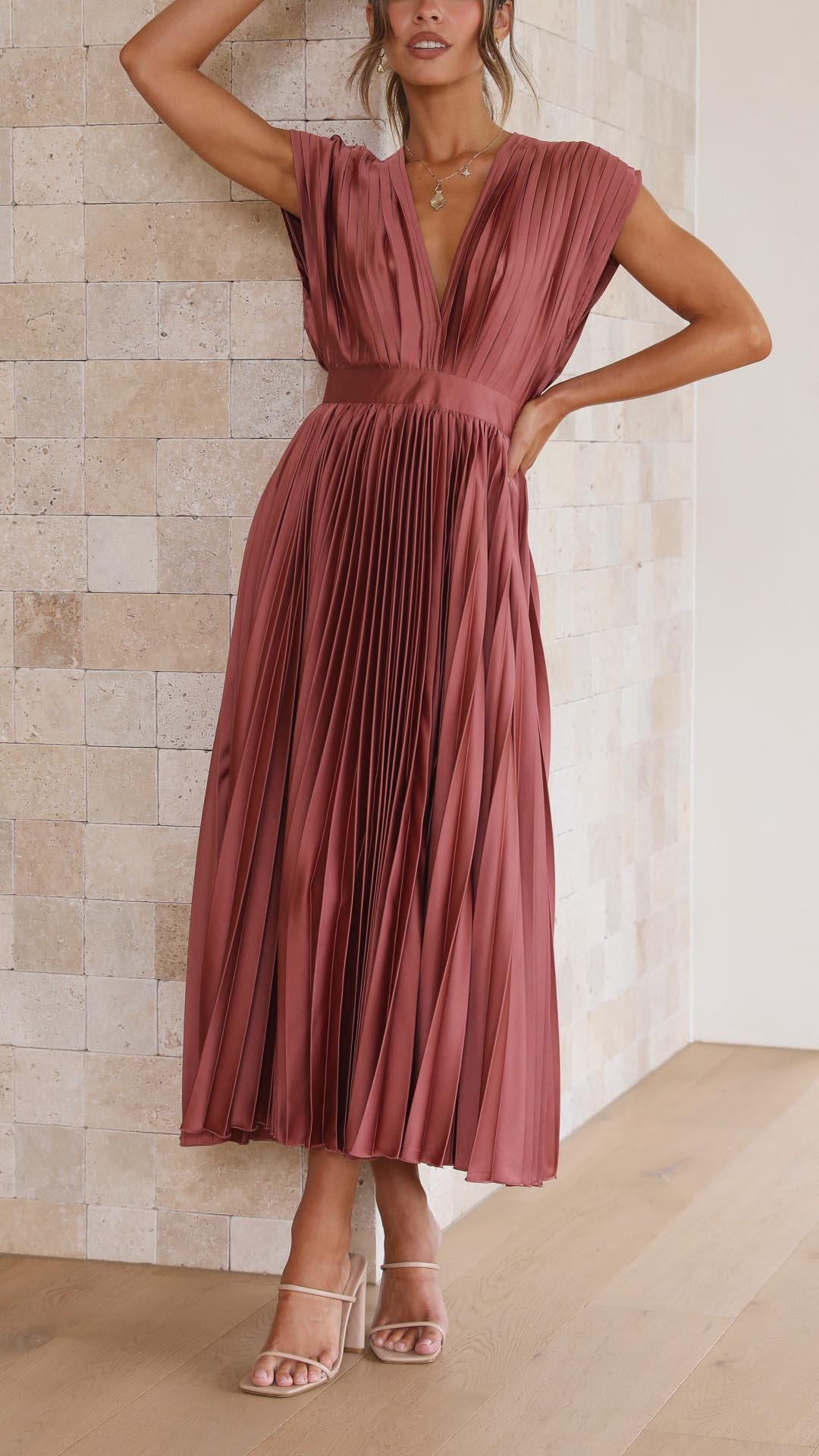 Serinda Vauclaire | Rose Pleated V-Neck Midi Dress