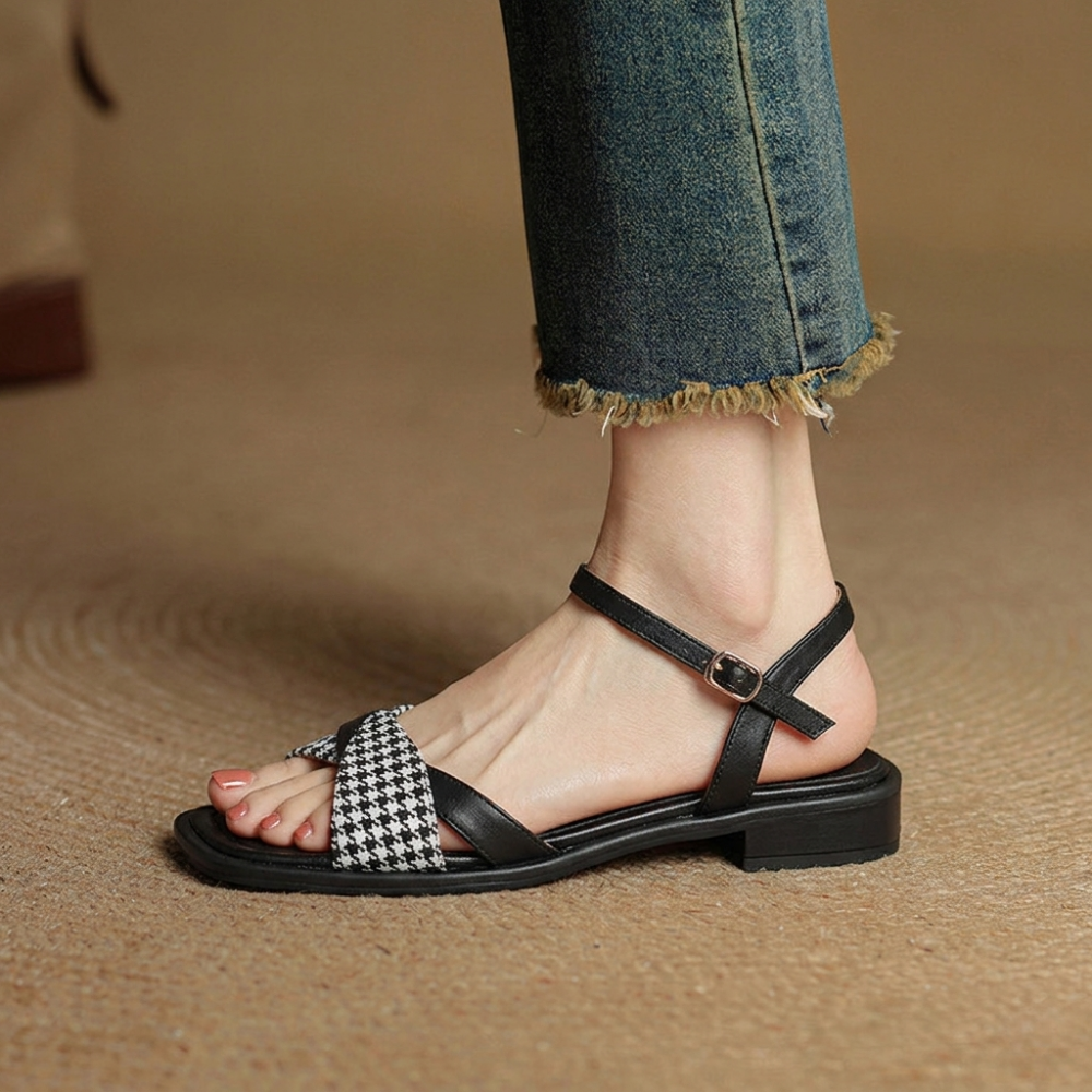 Elspeth Vanbrough | Houndstooth Flat Ankle Strap Sandals