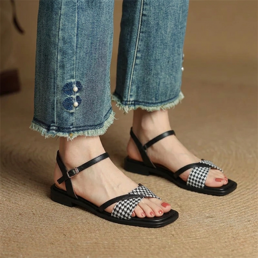 Elspeth Vanbrough | Houndstooth Flat Ankle Strap Sandals