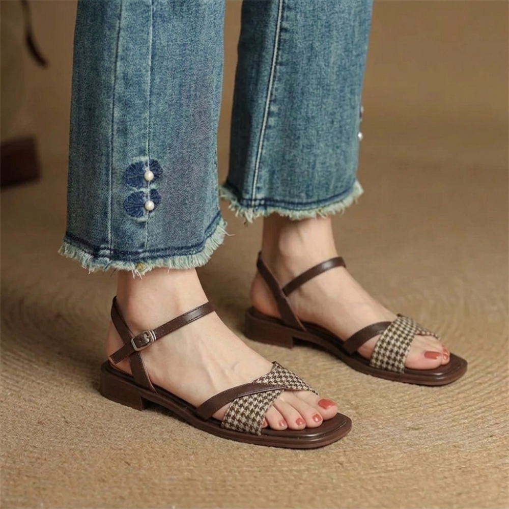 Elspeth Vanbrough | Houndstooth Flat Ankle Strap Sandals