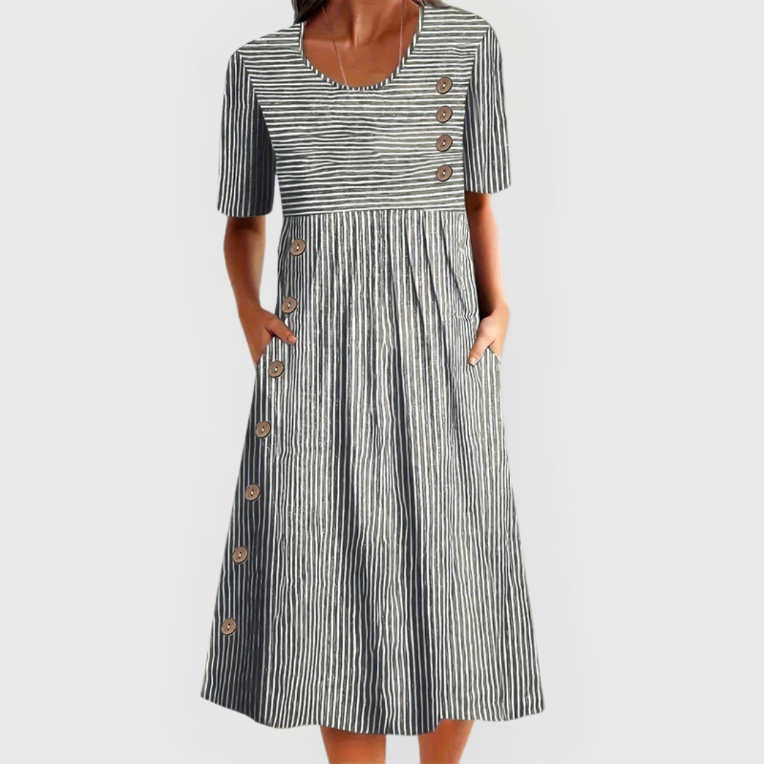 Claudine Hartwell | Blue Striped Midi Dress with Button Detail