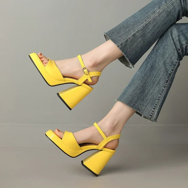 Celestine Brouvard | Yellow Patent Block Heel Sandals