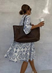 Florianne Beaumont | Blue & White Boho Print V-Neck Swing Dress