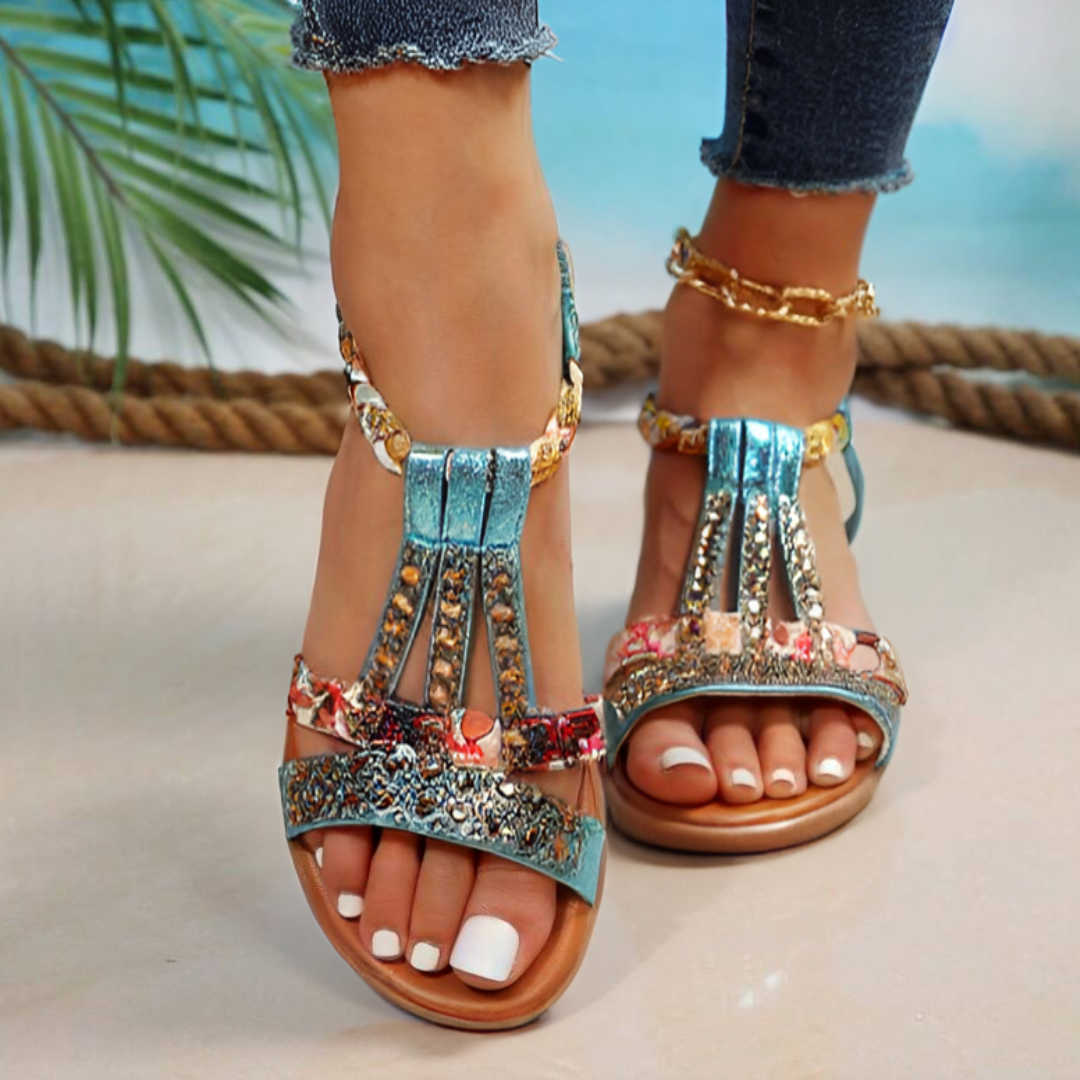 Celeste Amarino | Boho Rhinestone Flat Sandals For Women