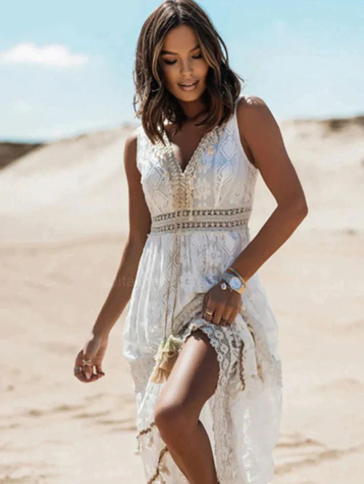 Celestine Beausoleil | Ivory Lace Boho Maxi Dress