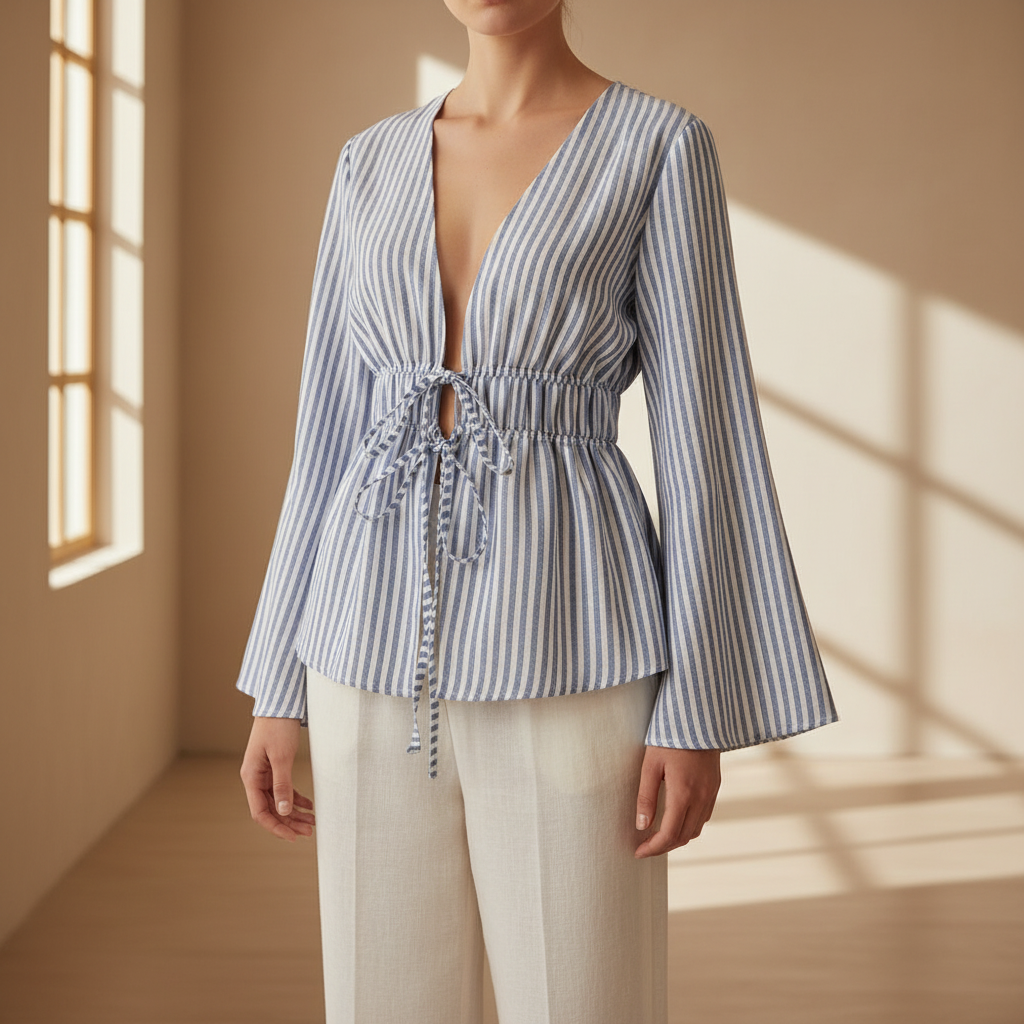 Sylvie Marchand | Blue Striped Deep V-Neck Blouse with Tie Front For Women