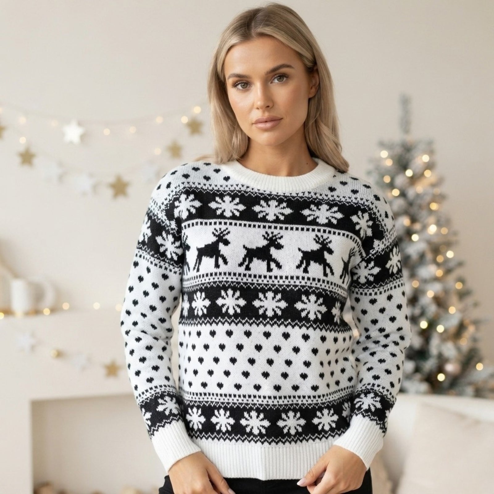 Winter Glow | White Reindeer Fair Isle Christmas Sweater For Women