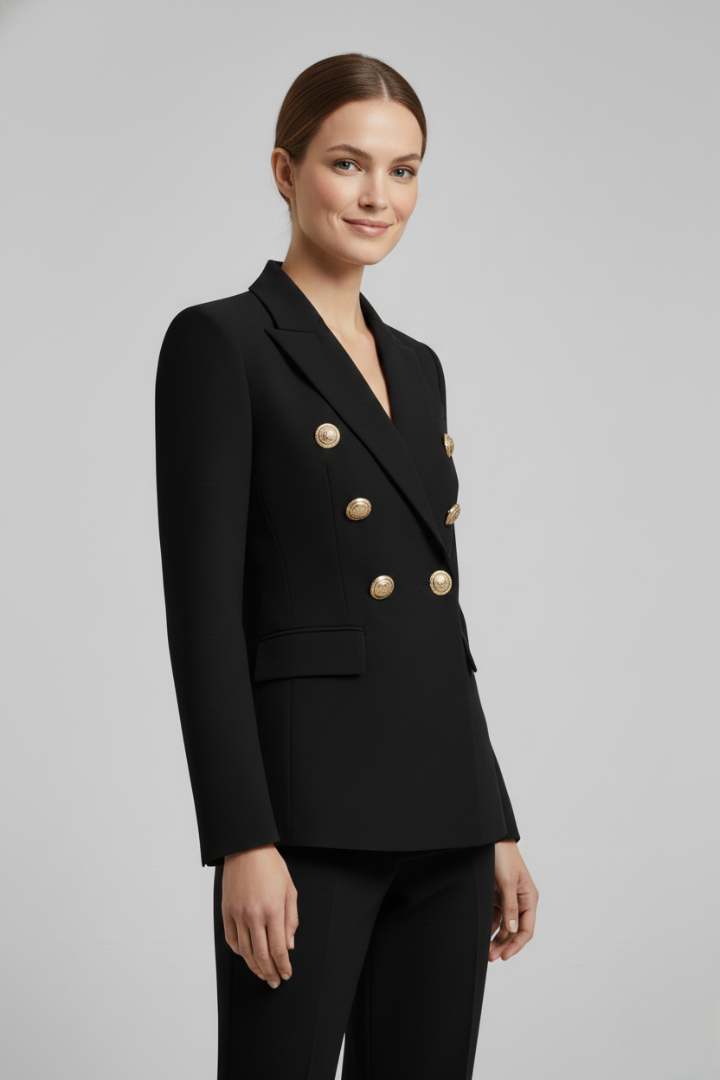 Clarissa Beaumont | Black Double-Breasted Blazer with Gold-Tone Buttons