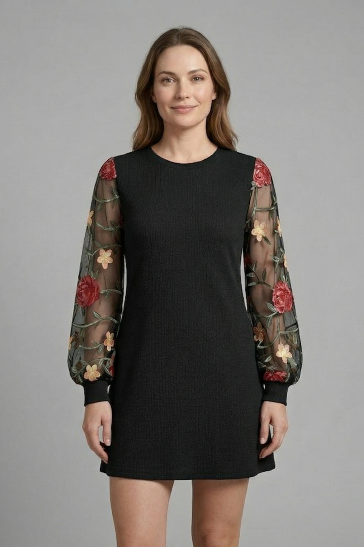 Allegra Montrose | Embroidered Bishop Sleeve Mini Dress For Women
