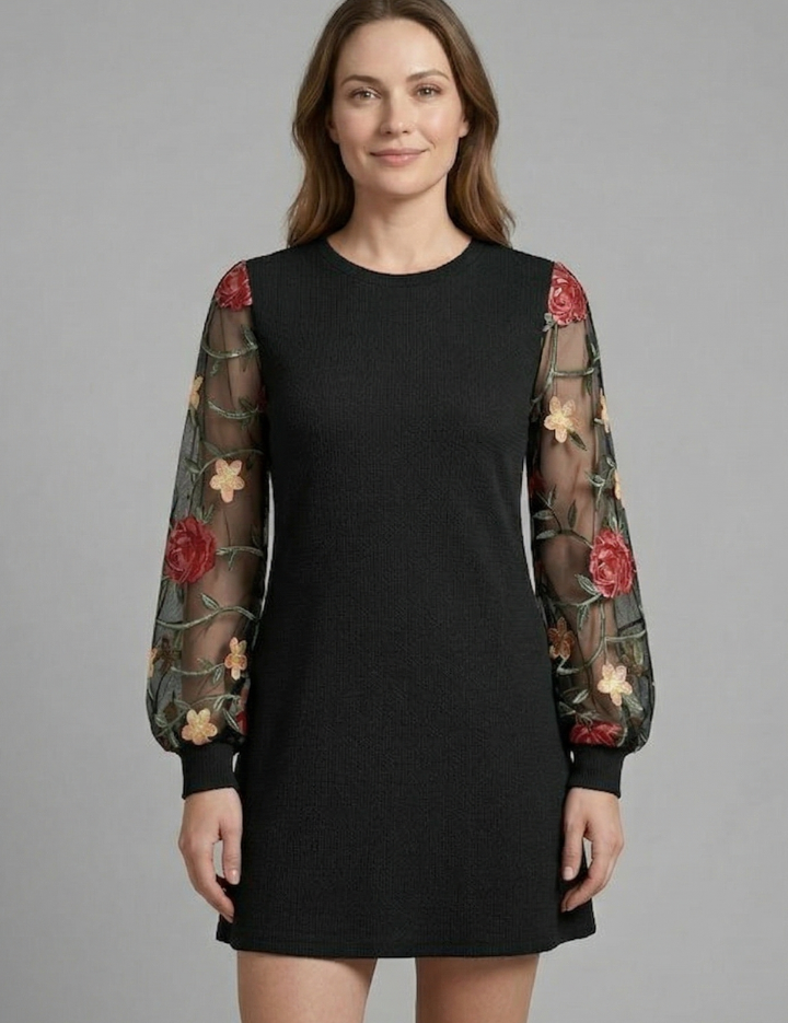 Allegra Montrose | Embroidered Bishop Sleeve Mini Dress For Women