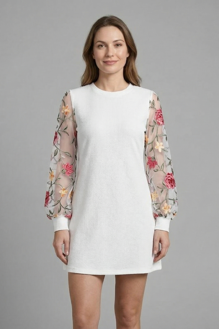 Allegra Montrose | Embroidered Bishop Sleeve Mini Dress For Women