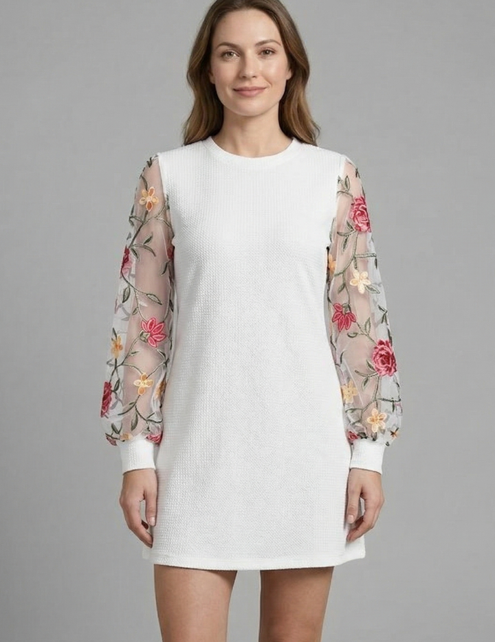 Allegra Montrose | Embroidered Bishop Sleeve Mini Dress For Women