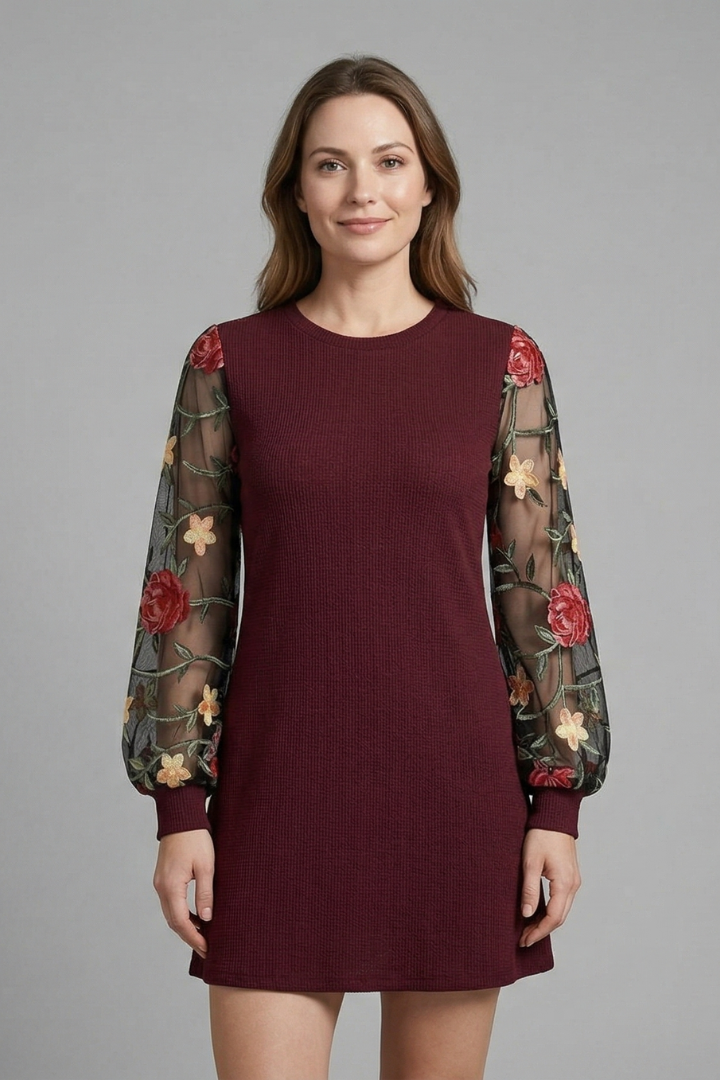 Allegra Montrose | Embroidered Bishop Sleeve Mini Dress For Women