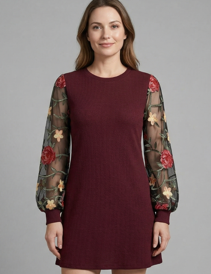 Allegra Montrose | Embroidered Bishop Sleeve Mini Dress For Women