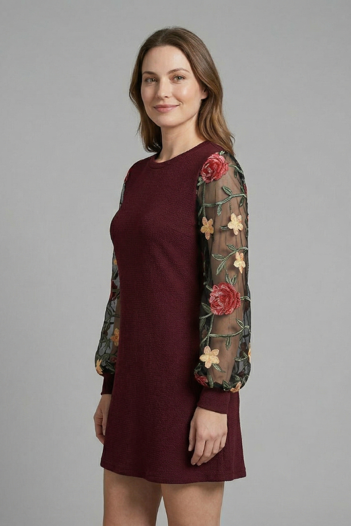 Allegra Montrose | Embroidered Bishop Sleeve Mini Dress For Women