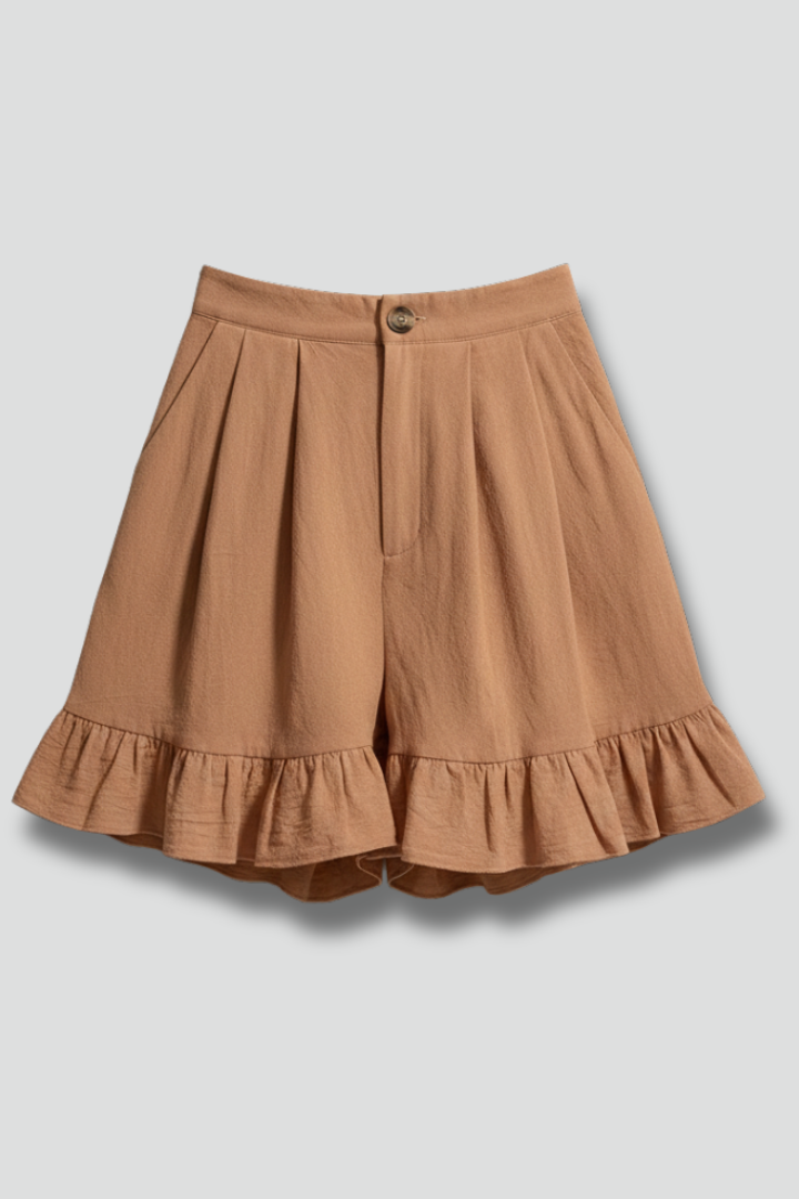 Claudine Beauverre | High Waist Ruffle Hem Casual Shorts in Camel