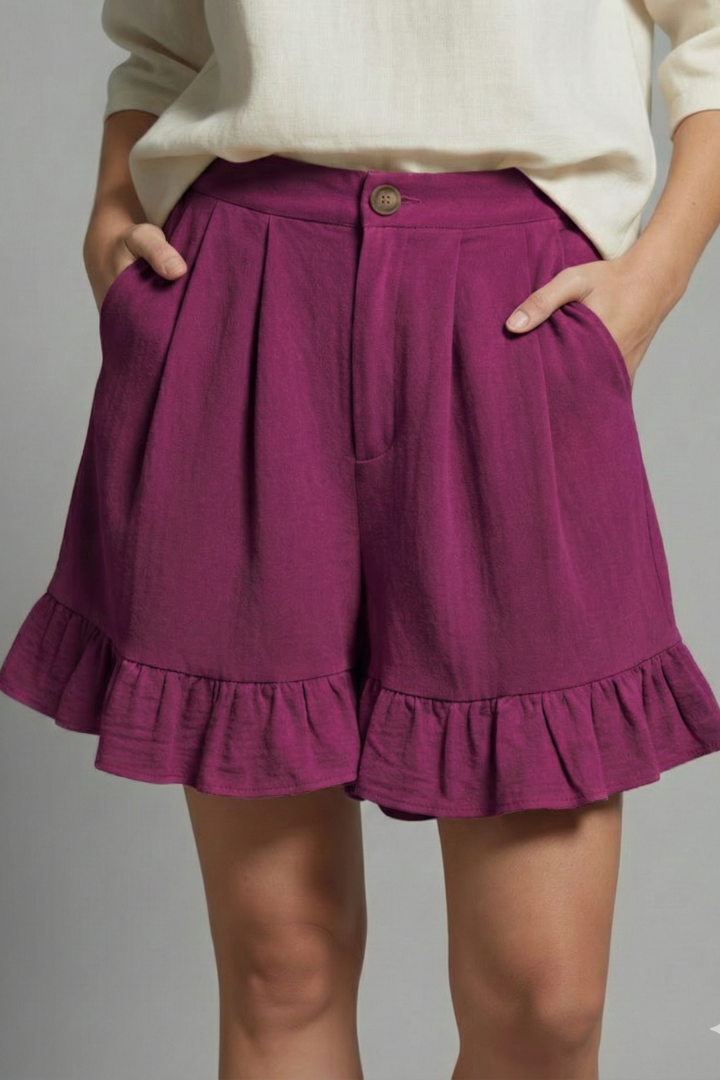 Claudine Beauverre | High Waist Ruffle Hem Casual Shorts in Camel