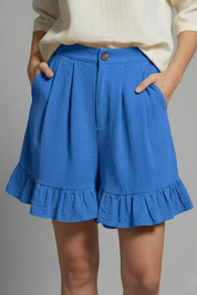 Claudine Beauverre | High Waist Ruffle Hem Casual Shorts in Camel