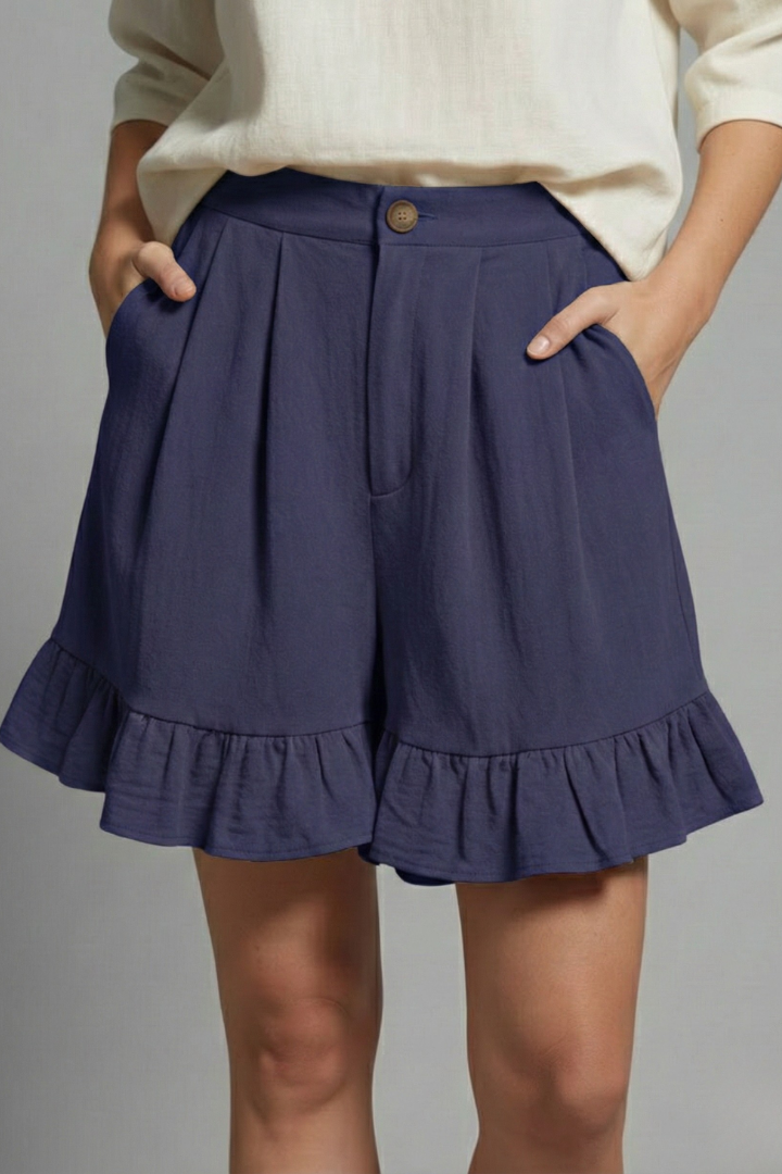 Claudine Beauverre | High Waist Ruffle Hem Casual Shorts in Camel