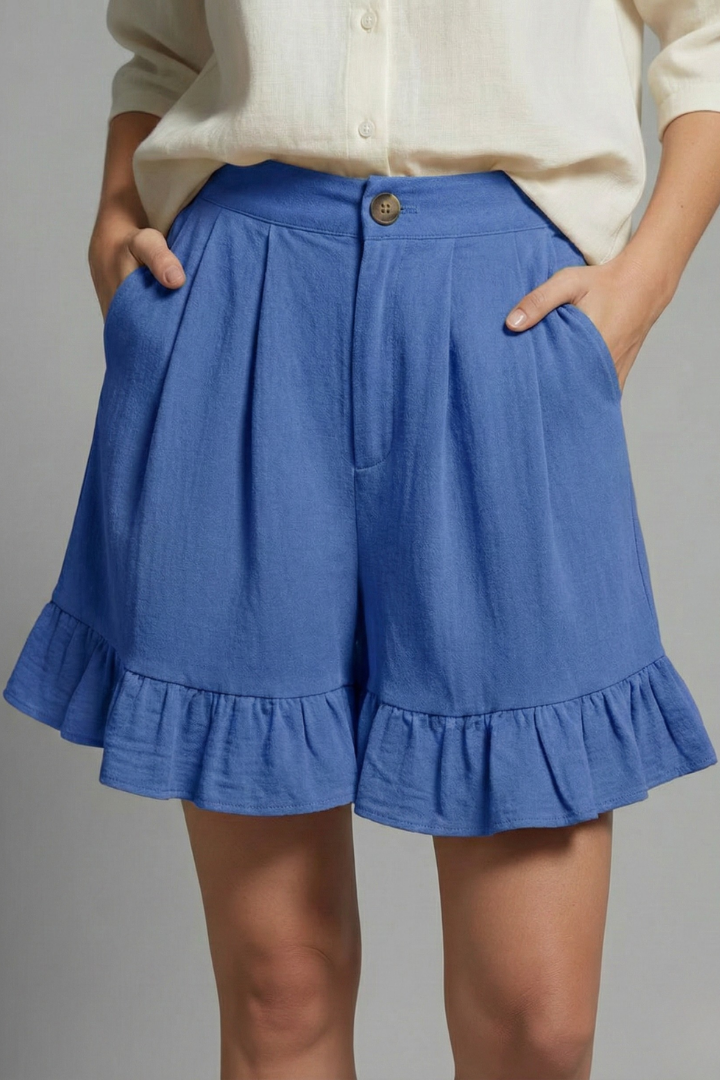 Claudine Beauverre | High Waist Ruffle Hem Casual Shorts in Camel