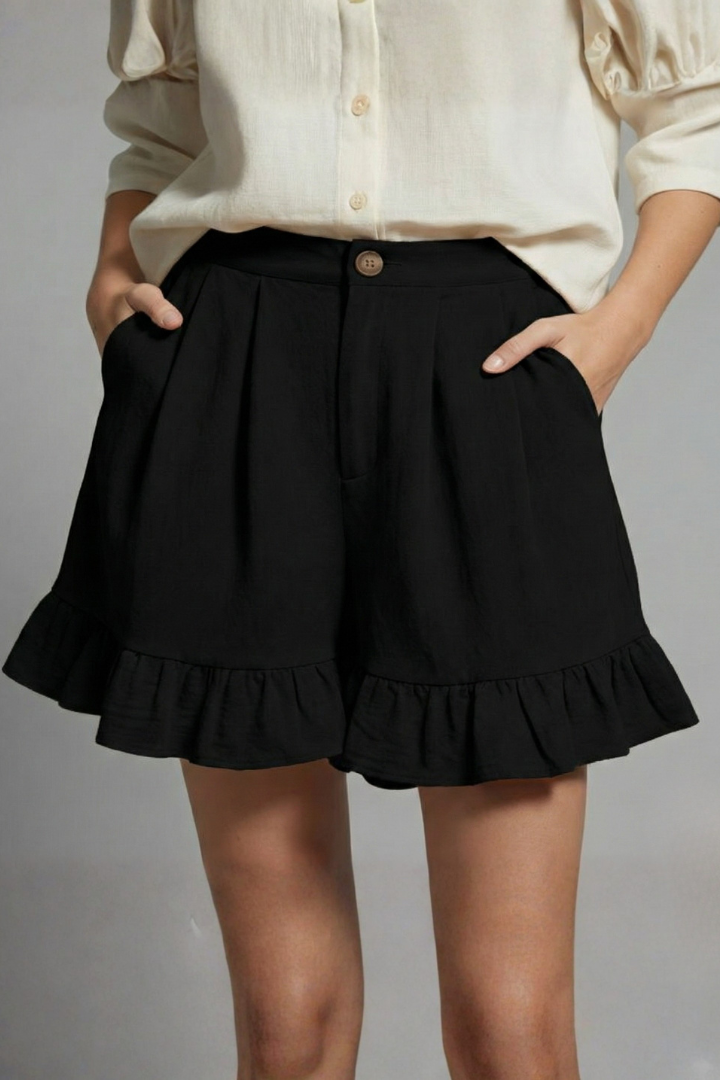 Claudine Beauverre | High Waist Ruffle Hem Casual Shorts in Camel