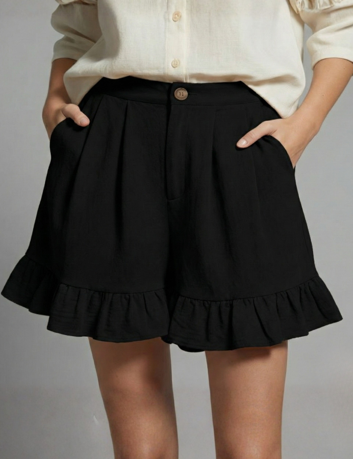 Claudine Beauverre | High Waist Ruffle Hem Casual Shorts in Camel