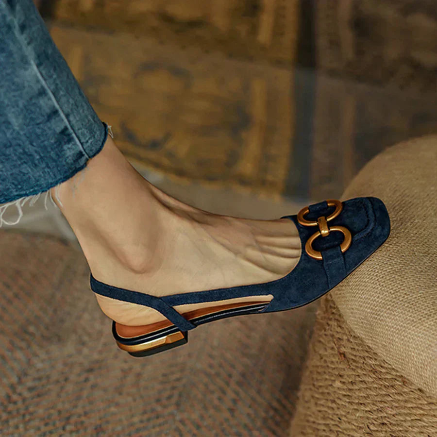 Aurelia Dawnbridge | Navy Blue Suede Slingback Sandals with Gold Buckle